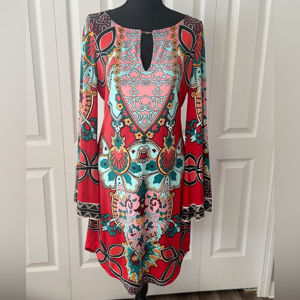 Hale Bob Red Shift Dress Bell Sleeve Keyhole Neck Strappy Back Medium